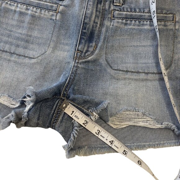 Mudd FLX Distressed Denim Jean Shortie Junior SZ 3 Blue Frayed Hem High Rise - Picture 8 of 10